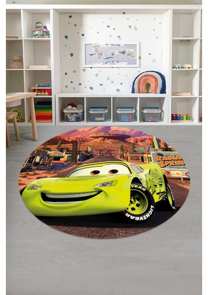 Baskılı Araba Desenli Yıkanabilir Kaymaz Taban Yuvarlak Çocuk Odası Halısı, Çocuk-Y-60-Sarı, modelleri