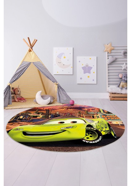 Baskılı Araba Desenli Yıkanabilir Kaymaz Taban Yuvarlak Çocuk Odası Halısı, Çocuk-Y-60-Sarı, indirimleri