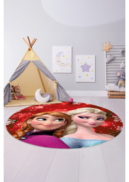Baskılı Çizgi Film Kar Küre Modelli Yıkanabilir Yuvarlak Çocuk Odası Halısı,Çocuk-Y-75-Kırmızı,