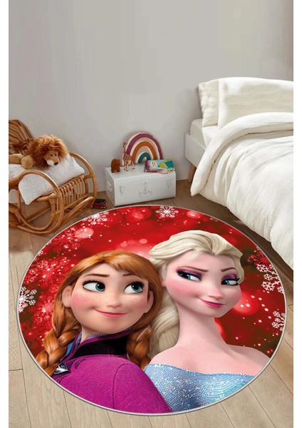 Baskılı Çizgi Film Kar Küre Modelli Yıkanabilir Yuvarlak Çocuk Odası Halısı,Çocuk-Y-75-Kırmızı,