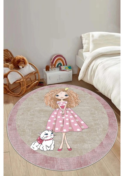 Baskılı Kedi Ve Kız Karakter Desenli Yıkanabilir Kaymaz Yuvarlak Çocuk Halısı, Çocuk-Y-80-Pembe,