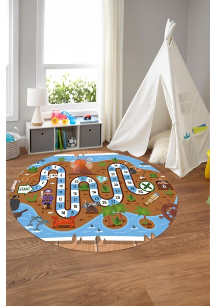 Baskılı Korsan Yol Desenli Yıkanabilir Kaymaz Taban Yuvarlak Çocuk Odası Halısı, Çocuk-Y-51-Kahve, modelleri
