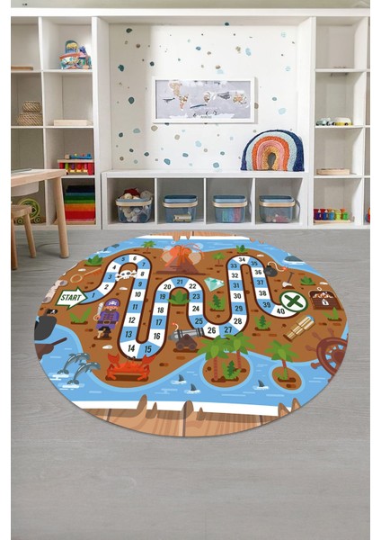 Baskılı Korsan Yol Desenli Yıkanabilir Kaymaz Taban Yuvarlak Çocuk Odası Halısı, Çocuk-Y-51-Kahve, fırsatları
