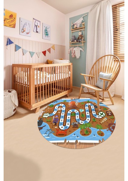 Baskılı Korsan Yol Desenli Yıkanabilir Kaymaz Taban Yuvarlak Çocuk Odası Halısı, Çocuk-Y-51-Kahve, indirimleri