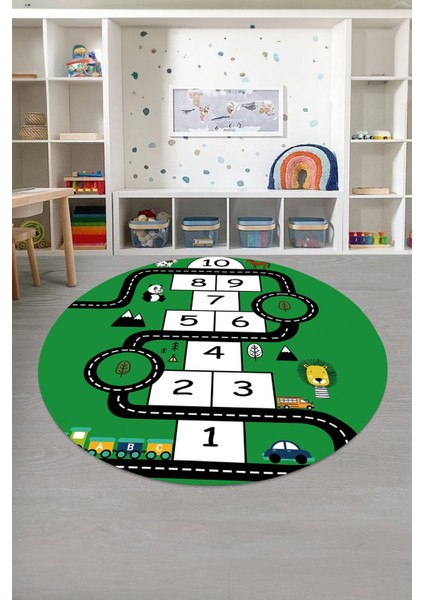 Baskılı Seksekli Yol Desenli Yıkanabilir Kaymaz Yuvarlak Çocuk Odası Halısı, Çocuk-Y-57-Yeşil,