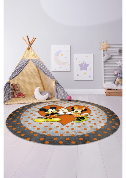 Baskılı Sevgili Fare Figürlü Yıkanabilir Kaymaz Yuvarlak Çocuk Odası Halısı, Çocuk-Y-82-Turuncu,