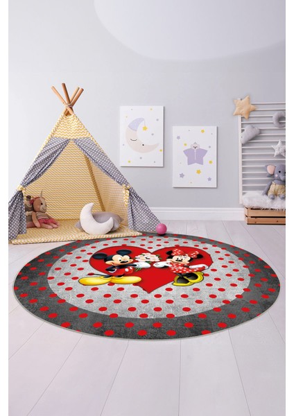 Baskılı Sevgili Fare Figürlü Yıkanabilir Kaymaz Yuvarlak Çocuk Odası Halısı, Çocuk-Y-82-Kırmızı,