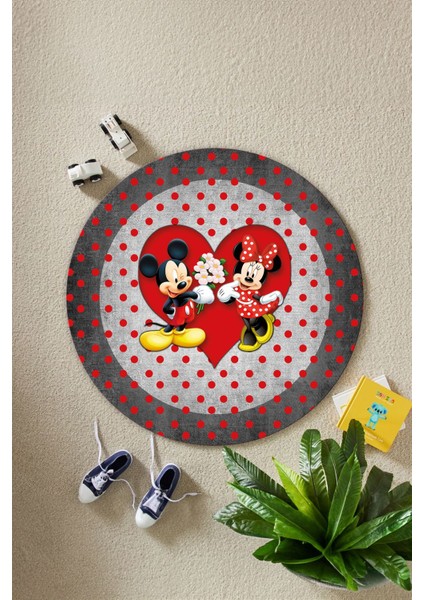 Baskılı Sevgili Fare Figürlü Yıkanabilir Kaymaz Yuvarlak Çocuk Odası Halısı, Çocuk-Y-82-Kırmızı, modelleri