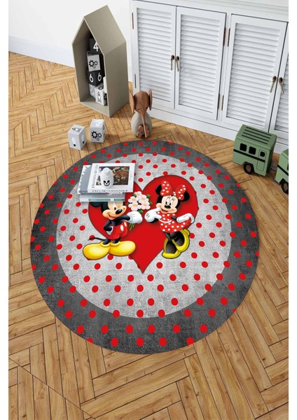 Baskılı Sevgili Fare Figürlü Yıkanabilir Kaymaz Yuvarlak Çocuk Odası Halısı, Çocuk-Y-82-Kırmızı, indirimleri