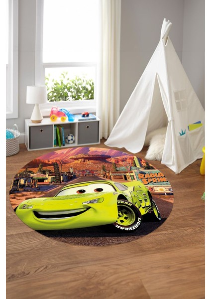 Baskılı Araba Desenli Yıkanabilir Kaymaz Taban Yuvarlak Çocuk Odası Halısı, Çocuk-Y-60-Sarı,