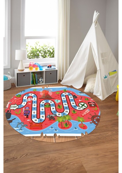 Baskılı Korsan Yol Desenli Yıkanabilir Kaymaz Taban Yuvarlak Çocuk Odası Halısı, Çocuk-Y-51-Kırmızı, modelleri
