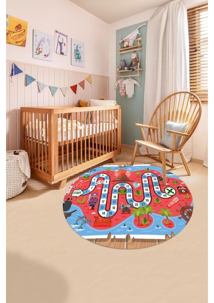 Baskılı Korsan Yol Desenli Yıkanabilir Kaymaz Taban Yuvarlak Çocuk Odası Halısı, Çocuk-Y-51-Kırmızı, indirimleri