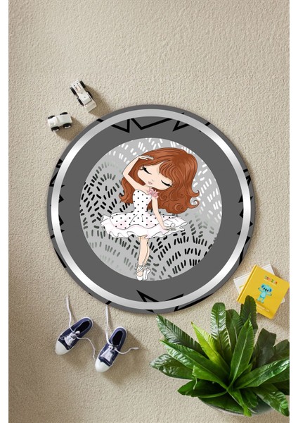 Baskılı Çerçeveli Balerin Kız Model Yıkanabilir Yuvarlak Çocuk Odası Halısı, Çocuk-Y-98-Gri,