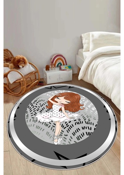 Baskılı Çerçeveli Balerin Kız Model Yıkanabilir Yuvarlak Çocuk Odası Halısı, Çocuk-Y-98-Gri, fiyatları