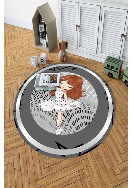 Baskılı Çerçeveli Balerin Kız Model Yıkanabilir Yuvarlak Çocuk Odası Halısı, Çocuk-Y-98-Gri, modelleri