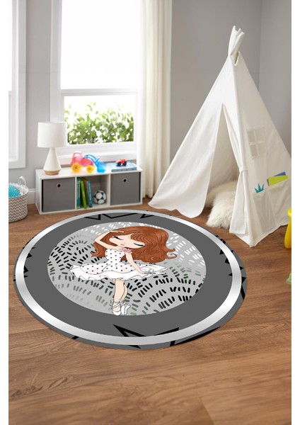 Baskılı Çerçeveli Balerin Kız Model Yıkanabilir Yuvarlak Çocuk Odası Halısı, Çocuk-Y-98-Gri, fırsatları