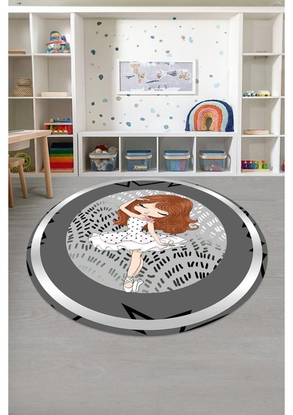 Baskılı Çerçeveli Balerin Kız Model Yıkanabilir Yuvarlak Çocuk Odası Halısı, Çocuk-Y-98-Gri, indirimleri