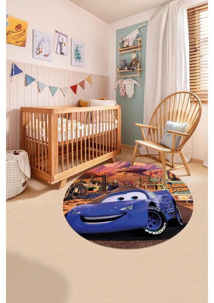 Baskılı Araba Desenli Yıkanabilir Kaymaz Taban Yuvarlak Çocuk Odası Halısı, Çocuk-Y-60-Mavi, fırsatları
