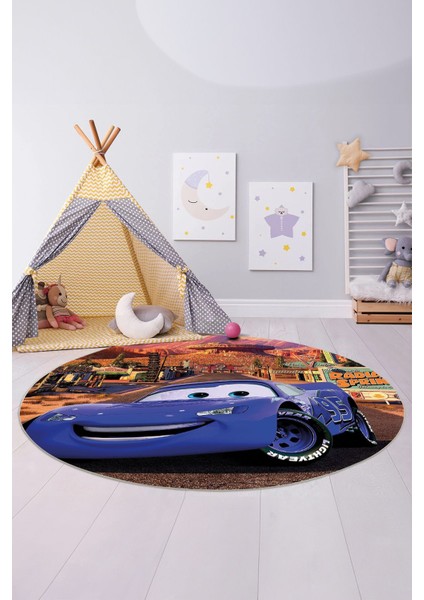 Baskılı Araba Desenli Yıkanabilir Kaymaz Taban Yuvarlak Çocuk Odası Halısı, Çocuk-Y-60-Mavi, indirimleri