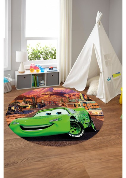 Baskılı Araba Desenli Yıkanabilir Kaymaz Taban Yuvarlak Çocuk Odası Halısı, Çocuk-Y-60-Yeşil, fiyatları