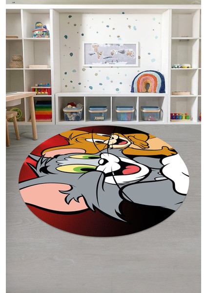 Baskılı Kedi Ve Fare Figürlü Yıkanabilir Kaymaz Yuvarlak Çocuk Odası Halısı, Çocuk-Y-74-Kırmızı,