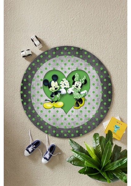 Baskılı Sevgili Fare Figürlü Yıkanabilir Kaymaz Yuvarlak Çocuk Odası Halısı, Çocuk-Y-82-Yeşil, modelleri
