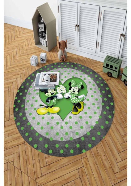 Baskılı Sevgili Fare Figürlü Yıkanabilir Kaymaz Yuvarlak Çocuk Odası Halısı, Çocuk-Y-82-Yeşil, indirimleri