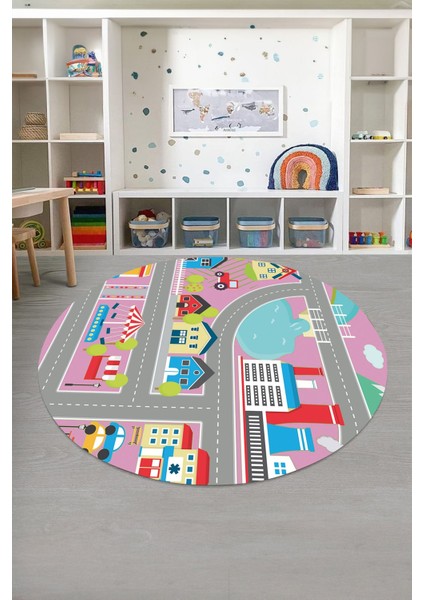 Baskılı Yol Desenli Yıkanabilir Kaymaz Taban Yuvarlak Çocuk Odası Halısı, Çocuk-Y-70-Pembe,