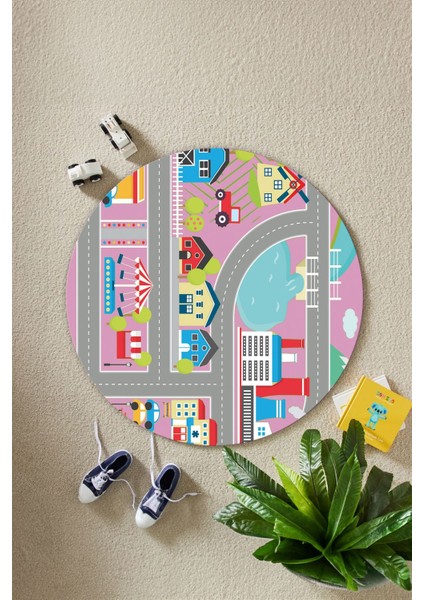 Baskılı Yol Desenli Yıkanabilir Kaymaz Taban Yuvarlak Çocuk Odası Halısı, Çocuk-Y-70-Pembe, indirimleri