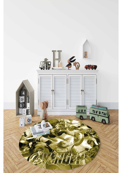 Baskılı Süper Kahramanlar Figürlü Yıkanabilir Kaymaz Yuvarlak Çocuk Odası Halısı, Çocuk-Y-89-Sarı,