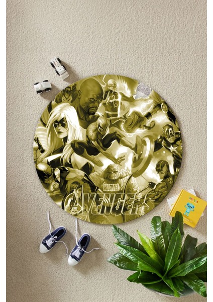 Baskılı Süper Kahramanlar Figürlü Yıkanabilir Kaymaz Yuvarlak Çocuk Odası Halısı, Çocuk-Y-89-Sarı, fiyatları