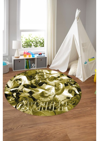Baskılı Süper Kahramanlar Figürlü Yıkanabilir Kaymaz Yuvarlak Çocuk Odası Halısı, Çocuk-Y-89-Sarı, indirimleri