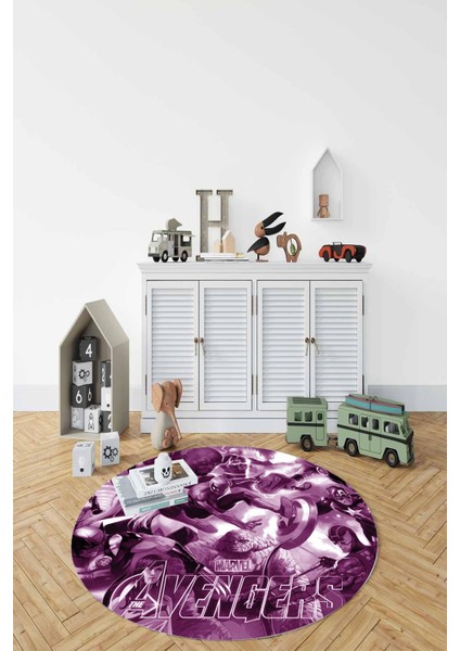 Baskılı Süper Kahramanlar Figürlü Yıkanabilir Kaymaz Yuvarlak Çocuk Odası Halısı, Çocuk-Y-89-Mor,