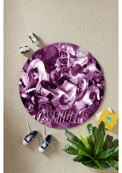 Baskılı Süper Kahramanlar Figürlü Yıkanabilir Kaymaz Yuvarlak Çocuk Odası Halısı, Çocuk-Y-89-Mor, fiyatları