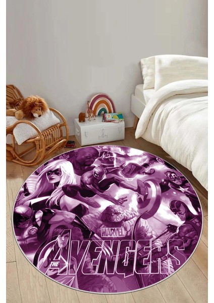 Baskılı Süper Kahramanlar Figürlü Yıkanabilir Kaymaz Yuvarlak Çocuk Odası Halısı, Çocuk-Y-89-Mor, modelleri