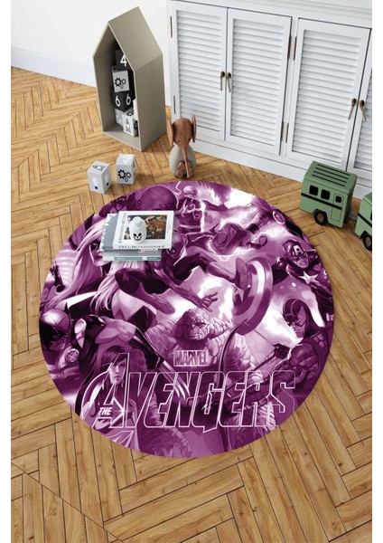 Baskılı Süper Kahramanlar Figürlü Yıkanabilir Kaymaz Yuvarlak Çocuk Odası Halısı, Çocuk-Y-89-Mor, fırsatları