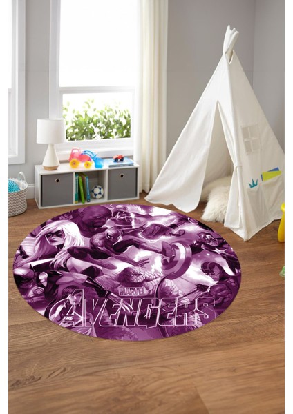 Baskılı Süper Kahramanlar Figürlü Yıkanabilir Kaymaz Yuvarlak Çocuk Odası Halısı, Çocuk-Y-89-Mor, indirimleri
