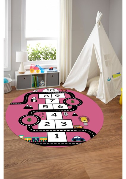 Baskılı Seksekli Yol Desenli Yıkanabilir Kaymaz Yuvarlak Çocuk Odası Halısı, Çocuk-Y-57-Pembe,