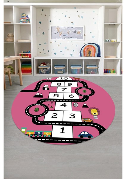 Baskılı Seksekli Yol Desenli Yıkanabilir Kaymaz Yuvarlak Çocuk Odası Halısı, Çocuk-Y-57-Pembe,