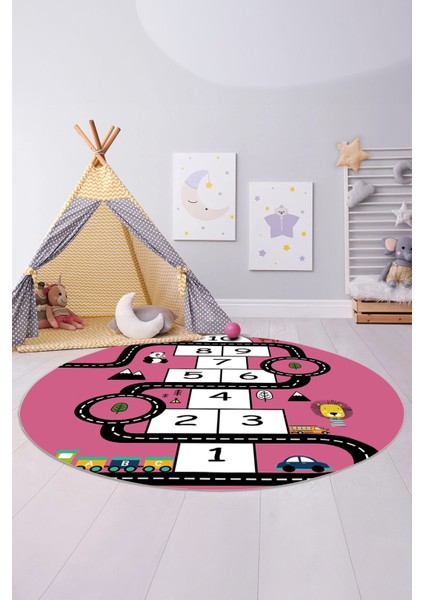 Baskılı Seksekli Yol Desenli Yıkanabilir Kaymaz Yuvarlak Çocuk Odası Halısı, Çocuk-Y-57-Pembe,
