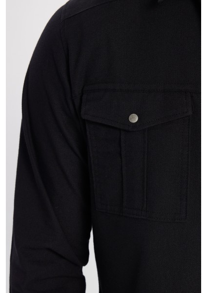 Slim Fit Yıkamalı Denım Düz Çift Cep Gömlek