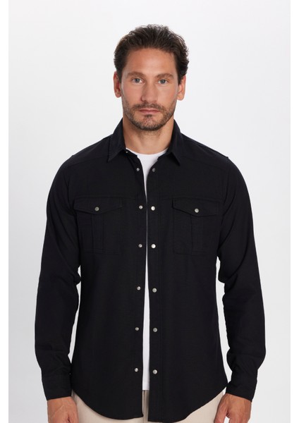Slim Fit Yıkamalı Denım Düz Çift Cep Gömlek