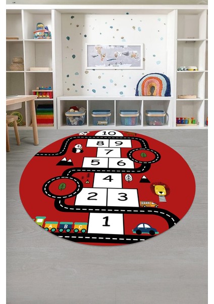 Baskılı Seksekli Yol Desenli Yıkanabilir Kaymaz Yuvarlak Çocuk Odası Halısı, Çocuk-Y-57-Kırmızı,