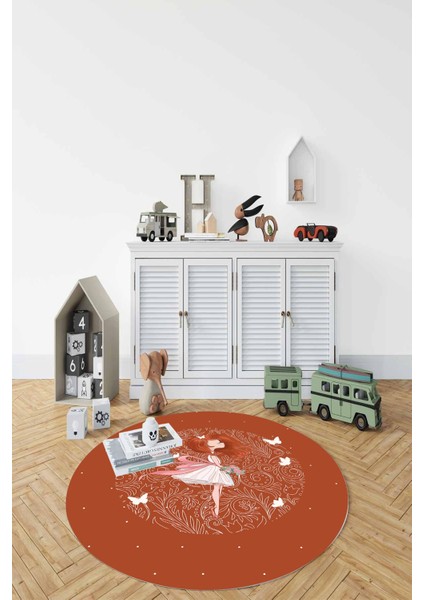 Baskılı Kız Karakter Desenli Yıkanabilir Kaymaz Yuvarlak Çocuk Odası Halısı, Çocuk-Y-90-Turuncu,