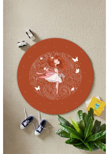 Baskılı Kız Karakter Desenli Yıkanabilir Kaymaz Yuvarlak Çocuk Odası Halısı, Çocuk-Y-90-Turuncu, fiyatları