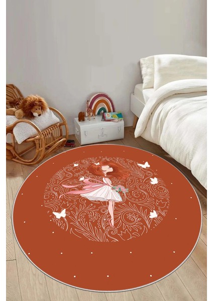 Baskılı Kız Karakter Desenli Yıkanabilir Kaymaz Yuvarlak Çocuk Odası Halısı, Çocuk-Y-90-Turuncu, modelleri