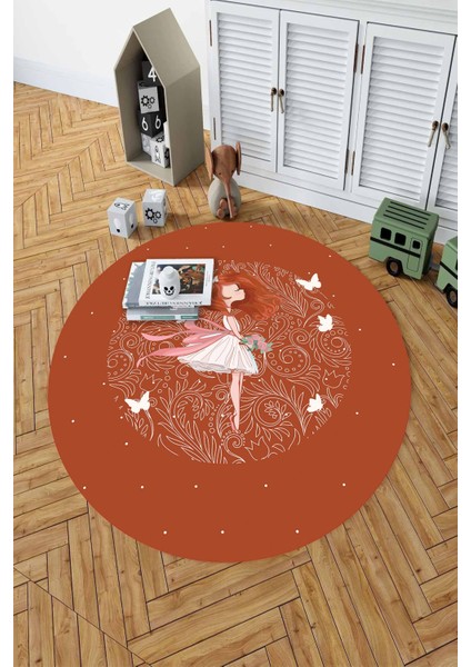Baskılı Kız Karakter Desenli Yıkanabilir Kaymaz Yuvarlak Çocuk Odası Halısı, Çocuk-Y-90-Turuncu, fırsatları