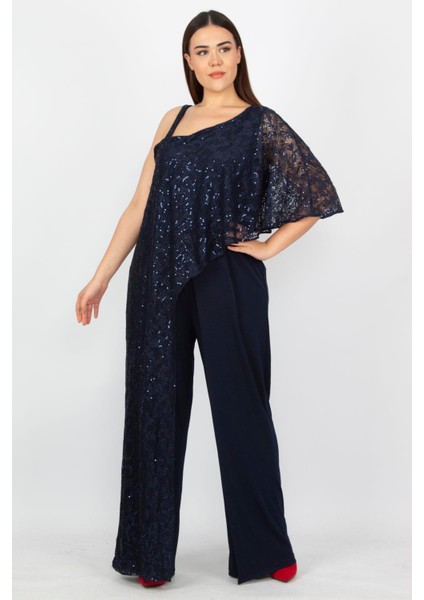 Kadın Tulum Lacivert Renk Dantel Detaylı %95 Polyester %5 Elastan Konforlu