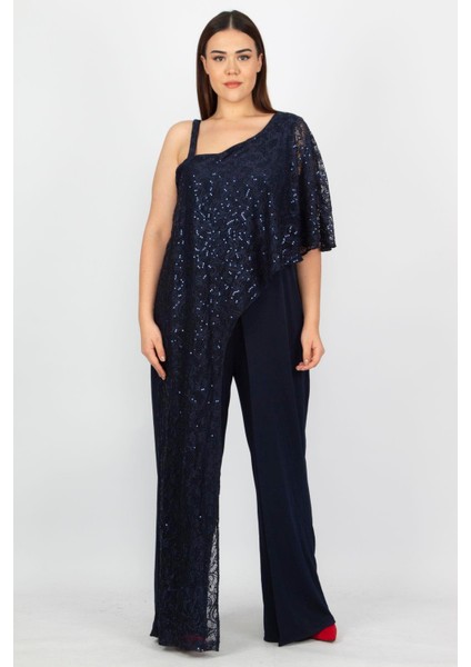 Kadın Tulum Lacivert Renk Dantel Detaylı %95 Polyester %5 Elastan Konforlu fırsatları