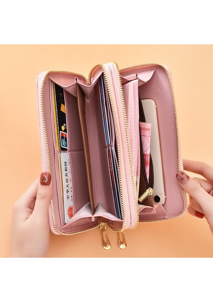 Cüzdan Kadın Uzun Çift Fermuarlı Clutch Büyük Kapasiteli Çift Katmanlı Cep Telefonu Çantası Bilek Kayışı Cüzdan (Yurt Dışından)